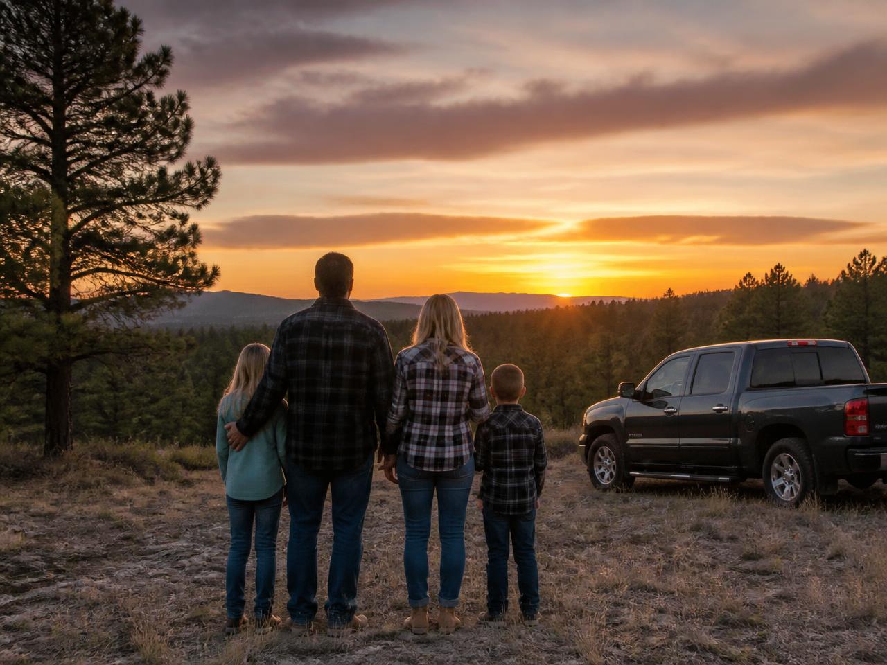 A family standing on their newly purchased Arizona land at sunset