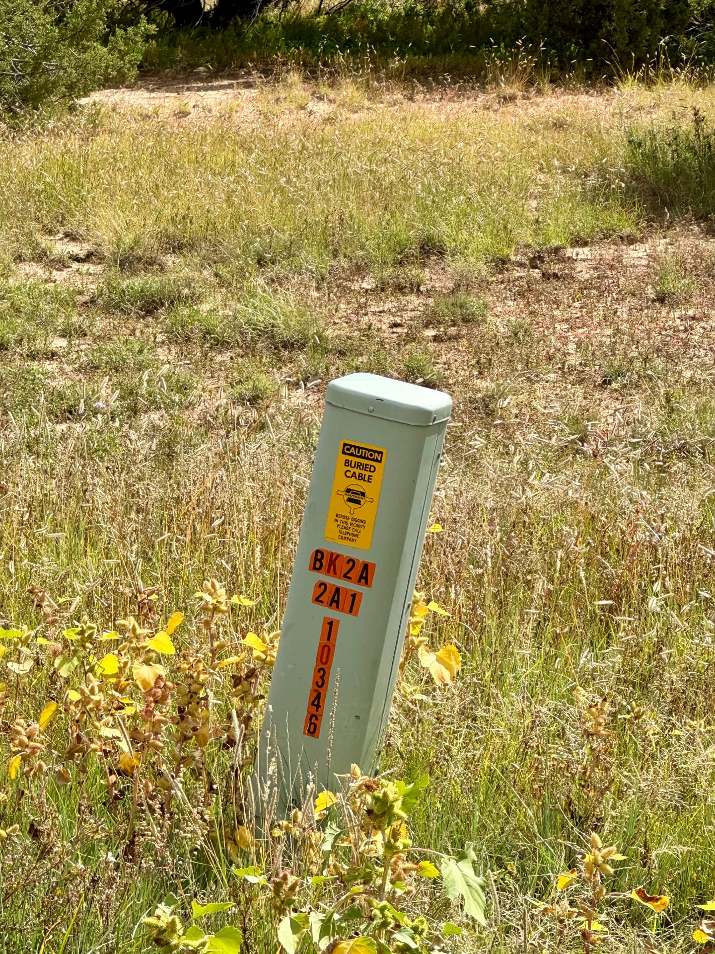 Utility pedestal with a caution buried cable sign standing in the grass on the parcel