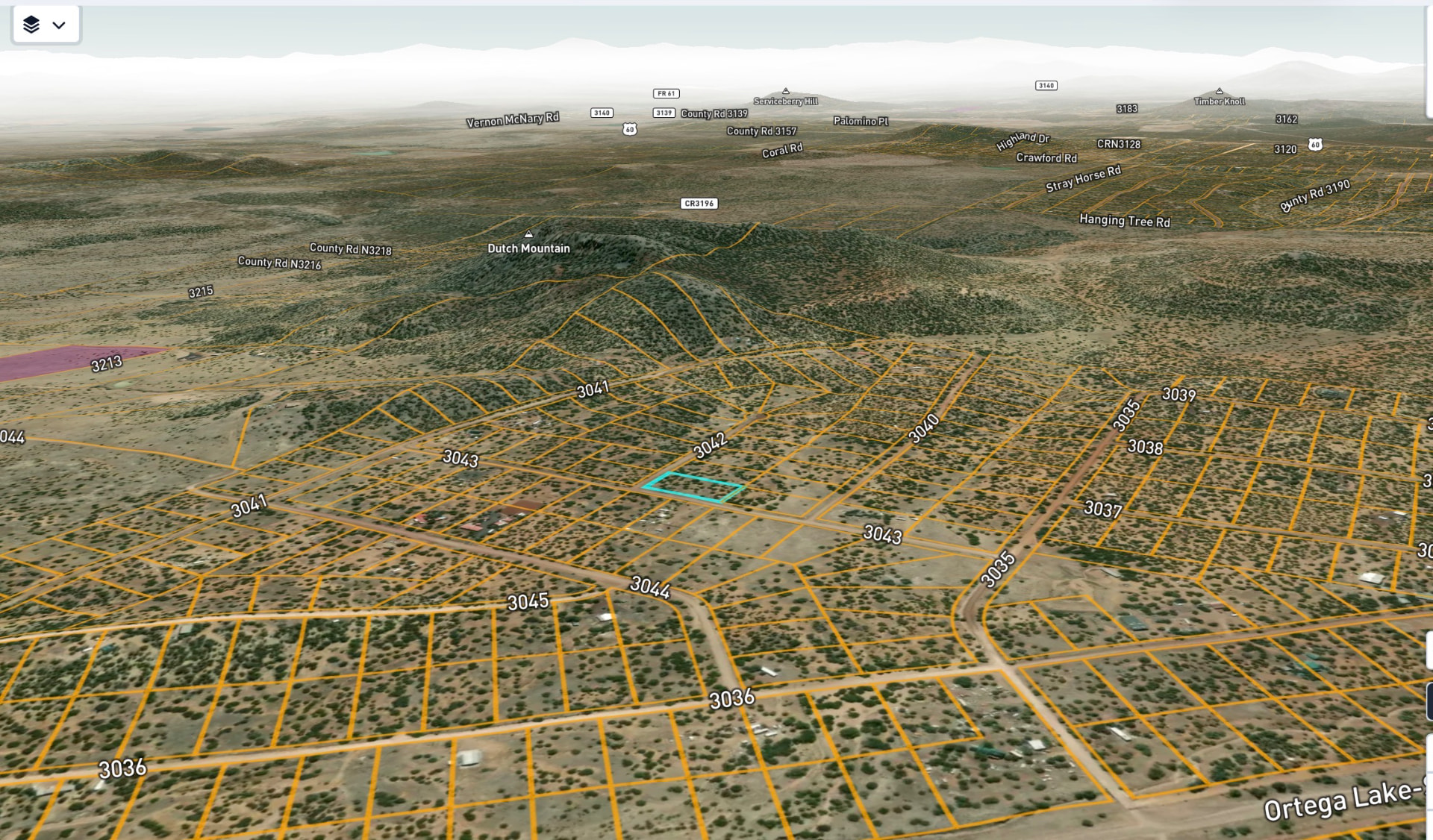 Aerial parcel map showing the Concho lot outlined in cyan among neighboring parcels