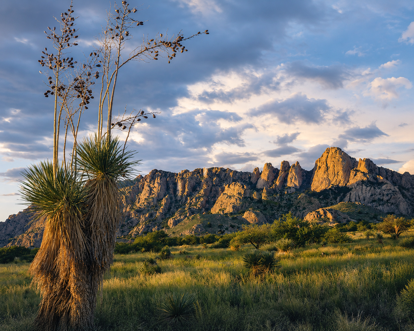 Sunset light on rocky mountain peaks and a yucca in grassland near the Sunsites and Pearce area of southeast Arizona