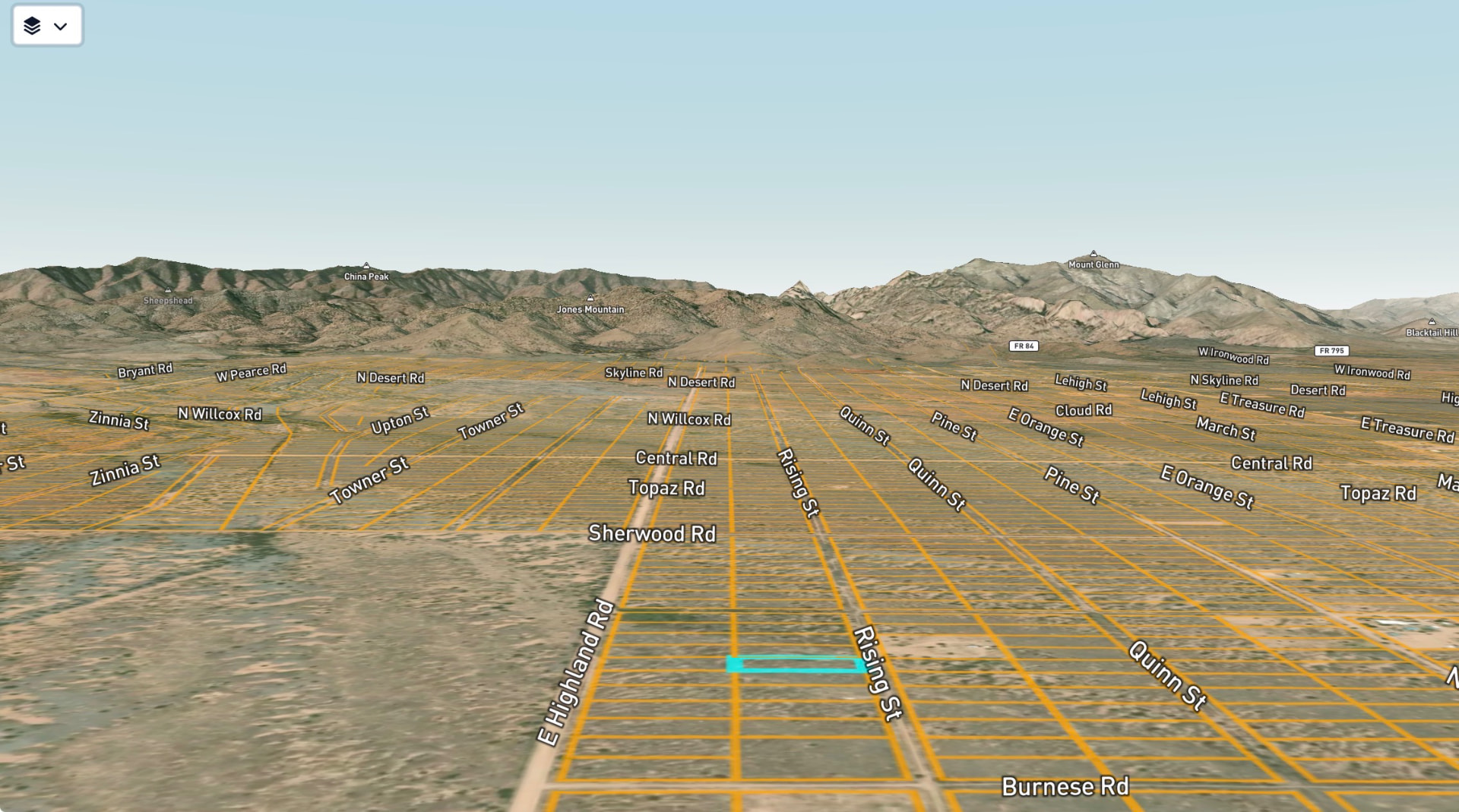 Aerial 3D parcel map of the Sunsites area with the Arizona Sun Sites lot outlined in cyan among the surrounding grid of roads and parcels